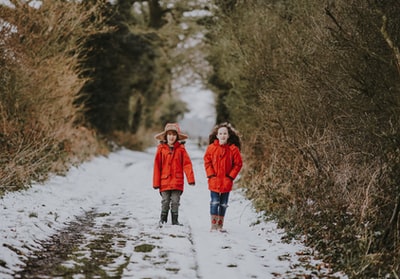 冬天，两个孩子在灌木丛附近散步